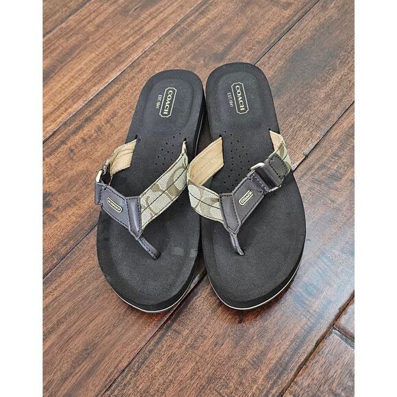 COACH Women's Flip Flops Wedge Thong Round Toe Brown Color Logo Print Size 9.5 - Picture 1 of 4